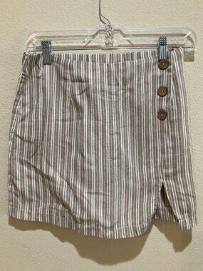 Simplee Skort Striped Linen Look M Beige White Mini Side Zip Coastal Cottagecore